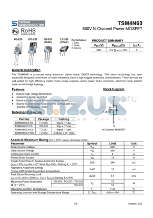 TSM4N60 datasheet - 600V N-Channel Power MOSFET