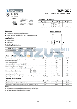 TSM4953DCSRF datasheet - 30V Dual P-Channel MOSFET