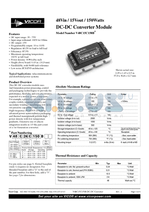 V48B15C150B datasheet - 48Vin / 15Vout / 150Watts DC-DC Converter Module