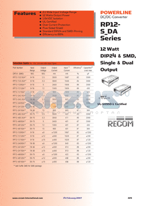 RP12-1205DA datasheet - 12 Watt DIP24 & SMD, Single & Dual Output