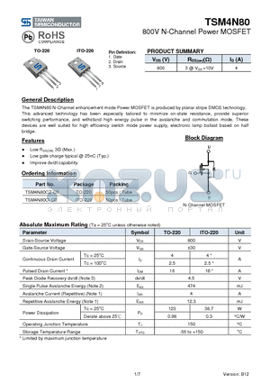 TSM4N80 datasheet - 800V N-Channel Power MOSFET