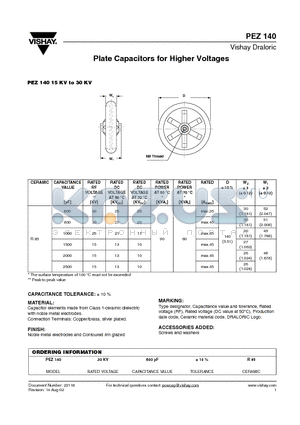 PEZ140 datasheet - Plate Capacitors for Higher Voltages