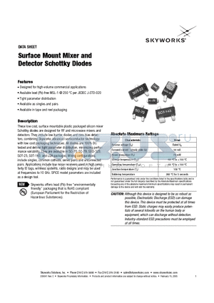 SMS7621-001 datasheet - Surface Mount Mixer and Detector Schottky Diodes
