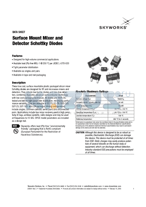 SMS7621-015 datasheet - Surface Mount Mixer and Detector Schottky Diodes