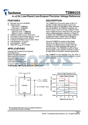 TSM6025 datasheet - A 2.5V, Low-Power/Low-Dropout Precision Voltage Reference