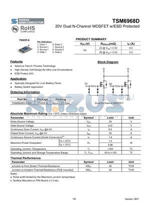 TSM6968DCA datasheet - 20V Dual N-Channel MOSFET w/ESD Protected