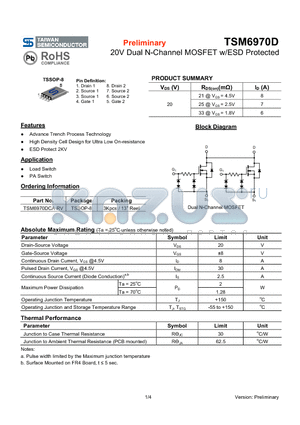 TSM6970D datasheet - 20V Dual N-Channel MOSFET w/ESD Protected