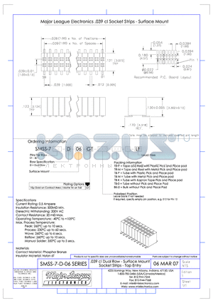 SMSS-7-D-06 datasheet - .039 cl Dual Row - Surface Mount Socket Strips - Top Entry