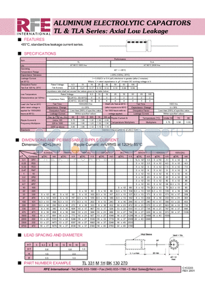 TL331M1HBK130270 datasheet - ALUMINUM ELECTROLYTIC CAPACITORS TL & TLA Series: Axial Low Leakage