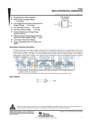 TL331IDBVRE4 datasheet - SINGLE DIFFERENTIAL COMPARATOR