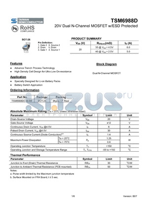 TSM6988D datasheet - 20V Dual N-Channel MOSFET w/ESD Protected