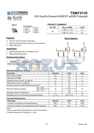 TSM7311D datasheet - 20V Dual N-Channel MOSFET w/ESD Protected