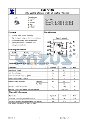 TSM7311DCS datasheet - 20V Dual N-Channel MOSFET w/ESD Protected