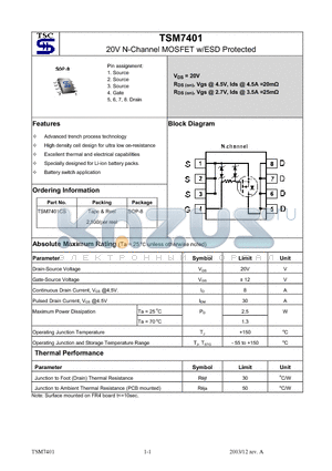 TSM7401 datasheet - 20V N-Channel MOSFET w/ESD Protected