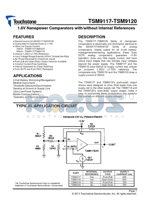 TSM9117 datasheet - 1.6V Nanopower Comparators with/without Internal References