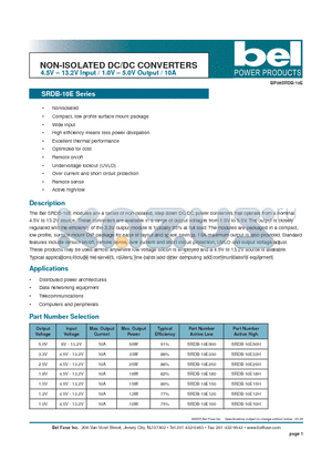 SRDB-10E15H datasheet - NON-ISOLATED DC/DC CONVERTERS 4.5V - 13.2V Input / 1.0V - 5.0V Output / 10A