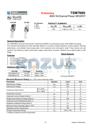 TSM7N60CZC0 datasheet - 600V N-Channel Power MOSFET