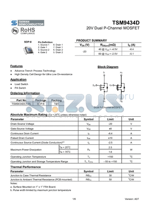 TSM9434D datasheet - 20V Dual P-Channel MOSFET