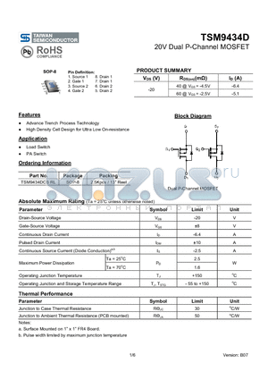 TSM9434DCSRL datasheet - 20V Dual P-Channel MOSFET