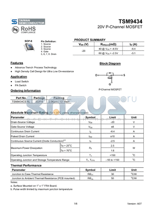 TSM9434CSRL datasheet - 20V P-Channel MOSFET