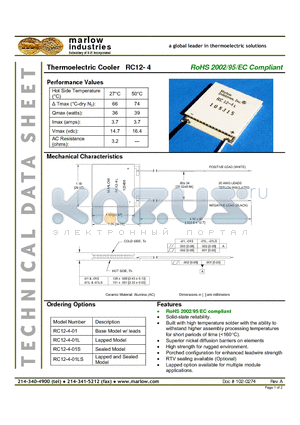 RC12-4-01S datasheet - Thermoelectric Cooler