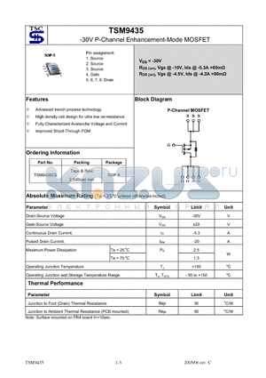 TSM9435CS datasheet - 30V P-Channel Enhancement-Mode MOSFET