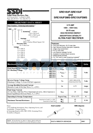 SRE10UFS datasheet - 0.75 AMP 1000 - 1500 Volts 50-70 nsec HIGH REVERSE ENERGY ABSORPTION CAPABILITY ULTRA FAST RECTIFIER