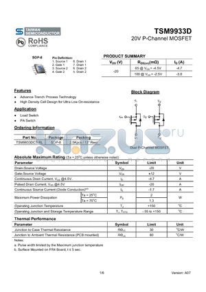 TSM9933D datasheet - 20V P-Channel MOSFET