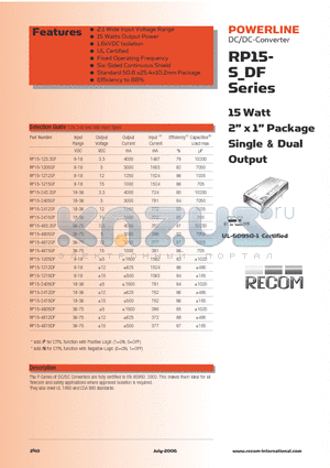 RP15-1215SF datasheet - 15 Watt 2 x 1 Package Single & Dual Output