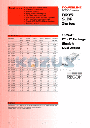 RP15-2405SF datasheet - 15 Watt 2inch x 1inch Package Single & Dual Output