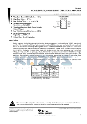 TL3472IP datasheet - HIGH-SLEW-RATE, SINGLE-SUPPLY OPERATIONAL AMPLIFIER