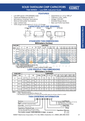 T494A105K016AS datasheet - SOLID TANTALUM CHIP CAPACITORS<br>(T494 SERIES - Low ESR, Industrial Grade)