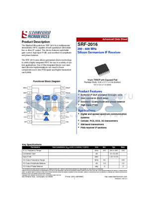 SRF-2016 datasheet - 200 - 600 MHz Silicon Germanium IF Receiver