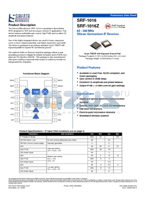 SRF-1016Z datasheet - 65 - 300 MHz Silicon Germanium IF Receiver