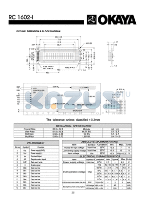 RC1602-I datasheet - OUTLINE DIMENISON & BLOCK DIAGRAM