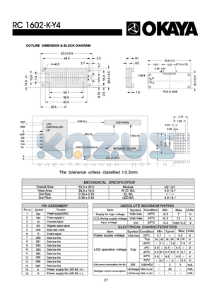 RC1602-K-Y4 datasheet - OUTLINE DIMENISON & BLOCK DIAGRAM