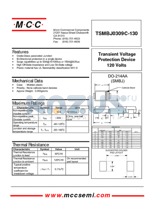 TSMBJ0309C-130 datasheet - Transient Voltage Protection Device 120 Volts