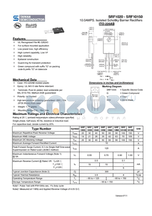 SRF10100 datasheet - 10.0AMPS. Isolated Schottky Barrier Rectifiers