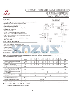 SRF10100 datasheet - SCHOTTKY BARRIER RECTIFIER Reverse Voltage - 20 to 200 Volts Forward Current - 10.0Amperes