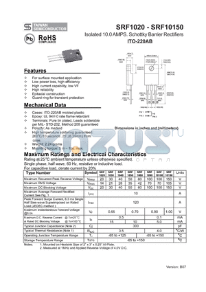 SRF1020 datasheet - Isolated 10.0 AMPS. Schottky Barrier Rectifiers