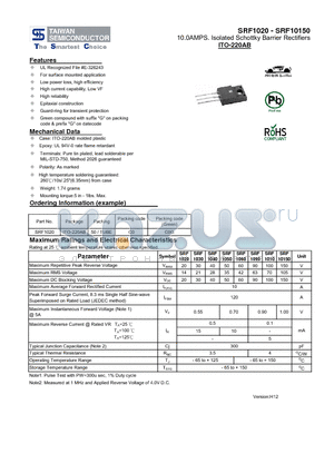 SRF1020_13 datasheet - 10.0AMPS. Isolated Schottky Barrier Rectifiers High reliability