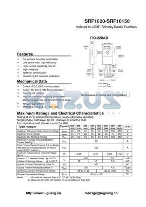 SRF1030 datasheet - Isolated 10.0AMP. Schottky Barrier Rectifiers