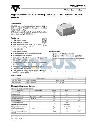 TSMF3710-GS08 datasheet - High Speed Infrared Emitting Diode, 870 nm, GaAlAs Double Hetero