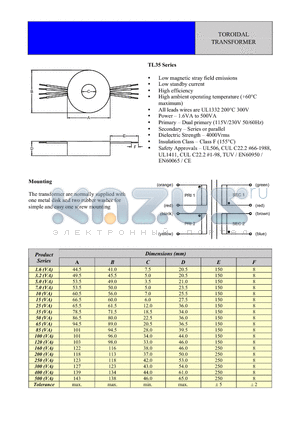 TL35-0070-012 datasheet - TOROIDAL TRANSFORMER