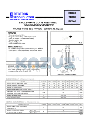 RC203 datasheet - SINGLE-PHASE GLASS PASSIVATED SILICON BRIDGE RECTIFIER (VOLTAGE RANGE 50 to 1000 Volts CURRENT 2.0 Amperes)