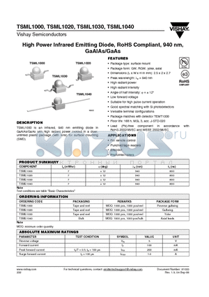 TSML1040 datasheet - High Power Infrared Emitting Diode, RoHS Compliant, 940 nm, GaAlAs/GaAs