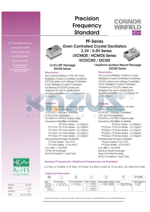PF153HV-010.0M datasheet - Oven Controlled Crystal Oscillators 3.3V / 5.0V Series LVCMOS / HCMOS Series VCOCXO / OCXO