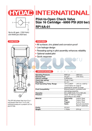 RP16A-01-AS6-V-153 datasheet - Pilot-to-Open Check Valve Size 16 Cartridge - 6000 PSI (420 bar)