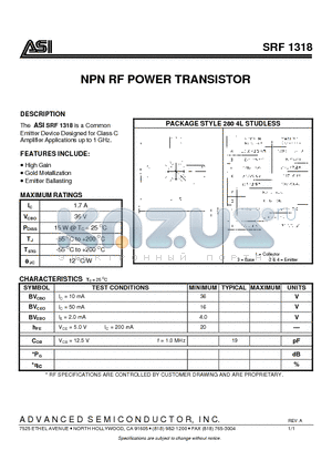 SRF1318 datasheet - NPN RF POWER TRANSISTOR
