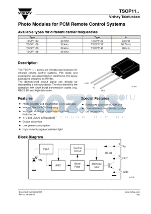 TSOP1130 datasheet - Photo Modules for PCM Remote Control Systems